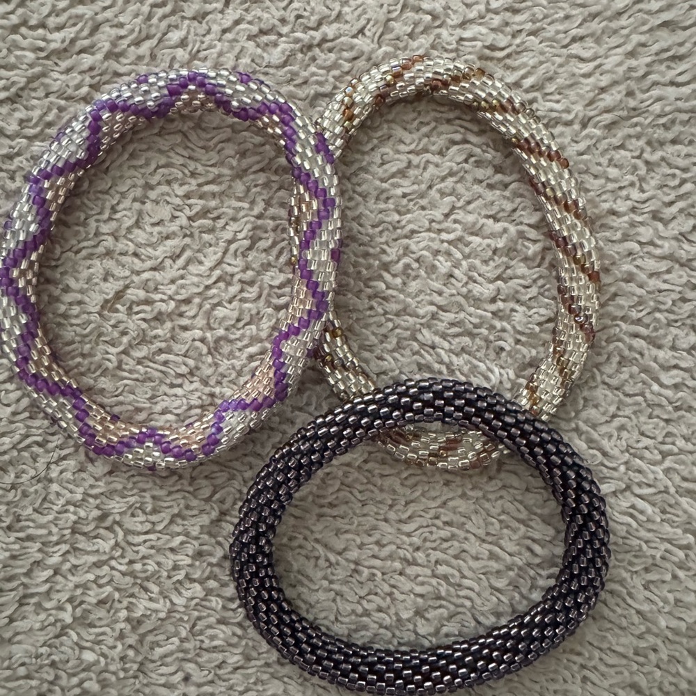 Elegant Beaded Bracelet Set - Purple, Silver, Black
